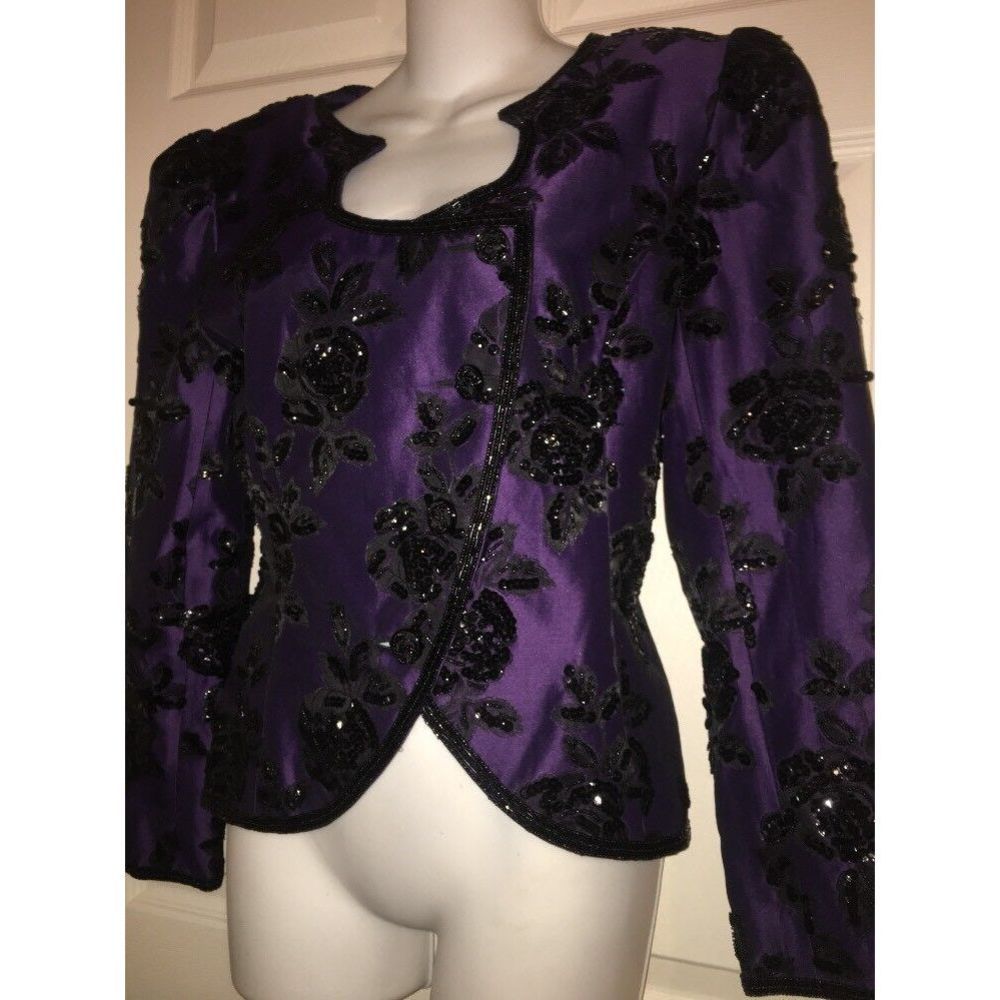 💖 D’Ore By Della Roufogali Purple/ Black Beaded Sequin Floral Evening Jacket 10